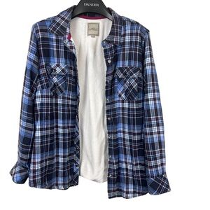 Lady Hathaway XL Sherpa Lined Flannel‎ Plaid Shirt Jacket Blue Navy Cozy Warm